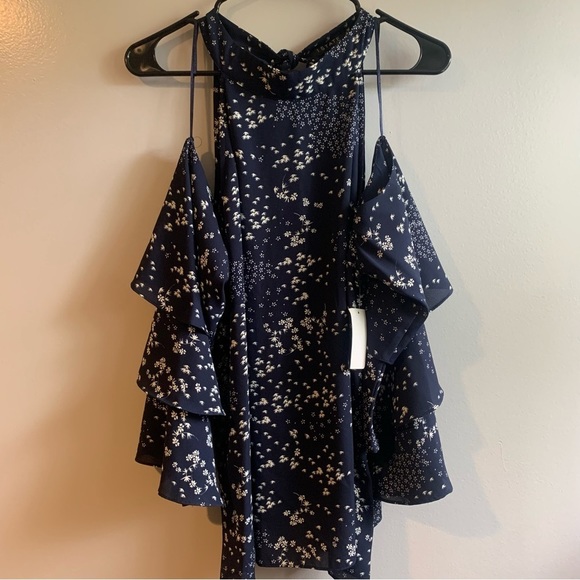 NWT 1. State Blue and White Floral Cold Shoulder High Neck Tiered Blouse XL - Picture 3 of 14